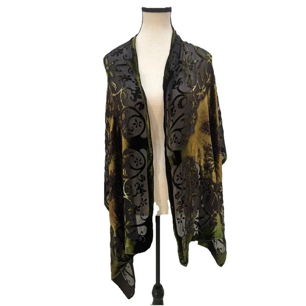 Kevin O'Brien‎ Studio Scarf Wrap Womens OS Green Burnout Silk Velvet Butterfly
